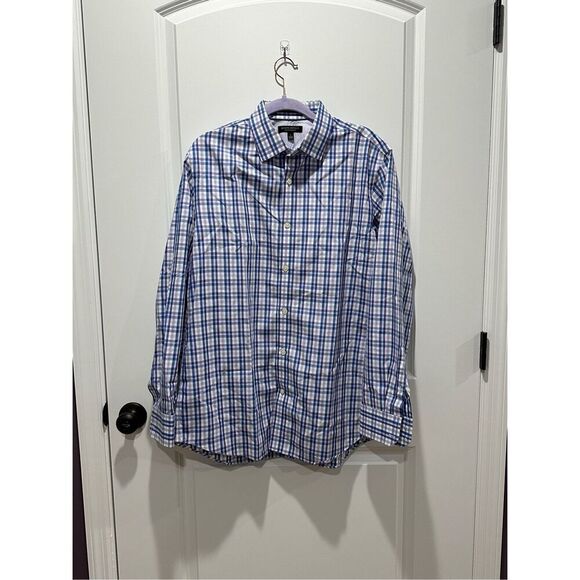 Banana Republic No Iron Slim Fit Blue and Purple Plaid Button Down Size Large - Picture 1 of 5